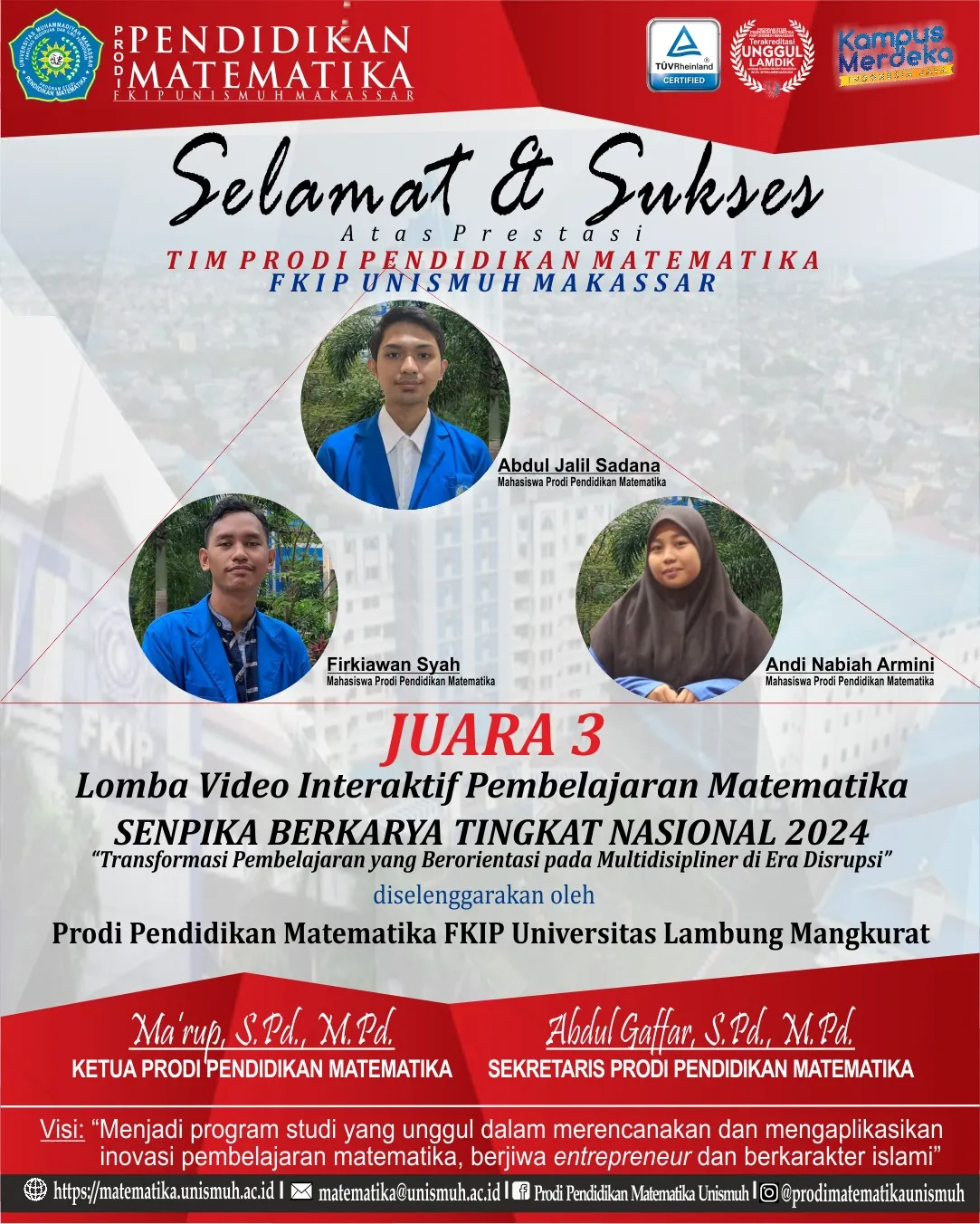 Mahasiswa FKIP Unismuh Makassar Raih Juara Lomba Video Interaktif Pembelajaran Matematika